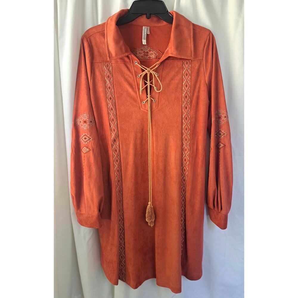 Monoreno NWT Rust Orange Boho Embroidered Front Tie Dress #YM0735 Size Small